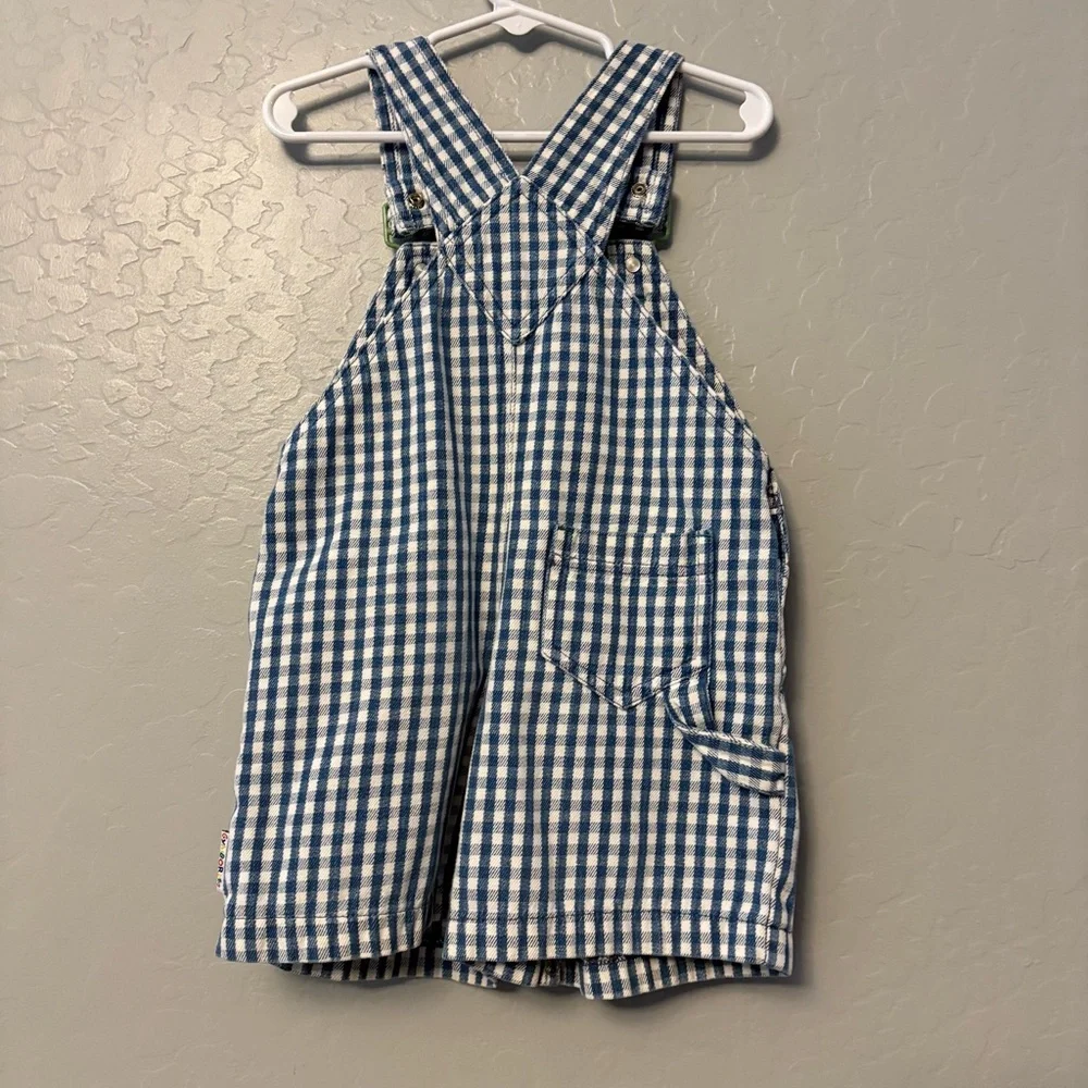 Gymboree rainbow tag vintage blue white plaid check sun shortalls overalls small